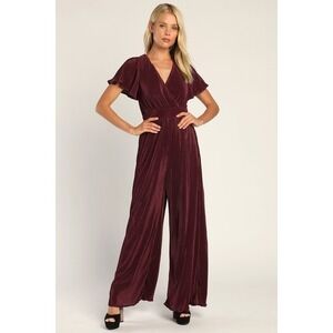 Lulus Plisse-ing Impression Burgundy Plisse Wide-leg Jumpsuit Red - Size M